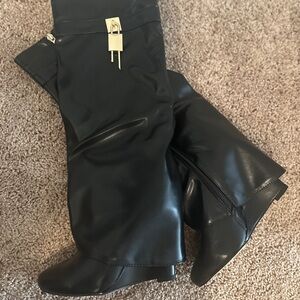 Black Knee-High Boots with Gold Buckle